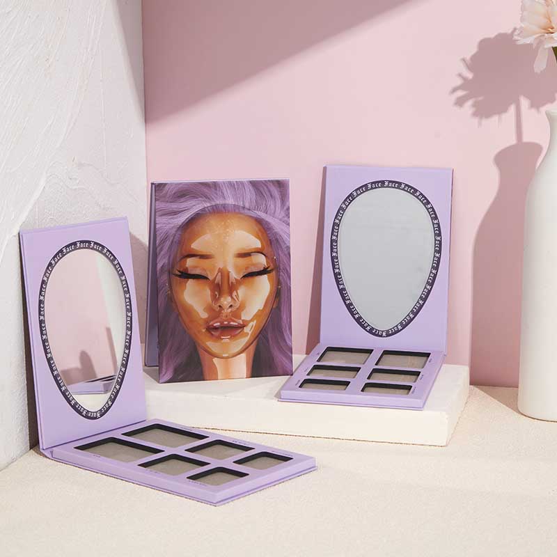 Paleta de sombras de ollos brillantes con brillo vegano personalizado 3D Face Square Caja de embalaxe cosmética con espello en forma de ovo