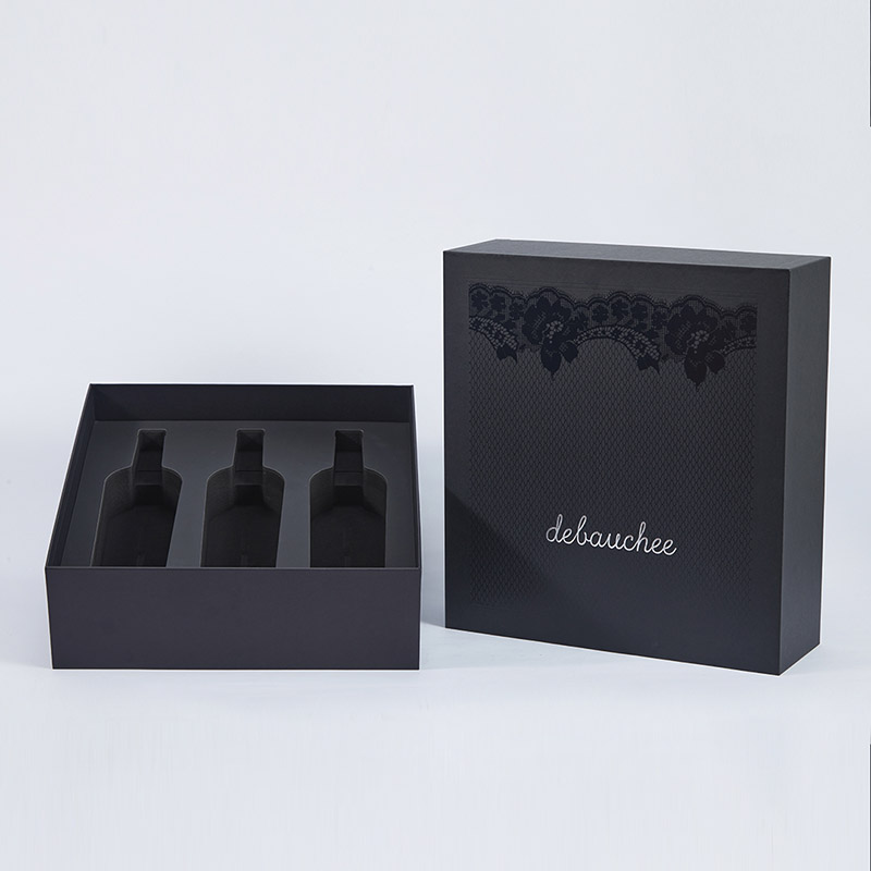 Black Soft Touch Silver Letters Custom Base and Lid Cardboard Wine Box 2 Bottles Set Gift Packaging