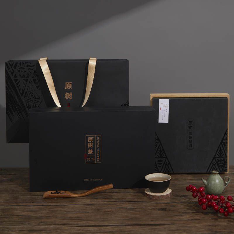 Caixa ríxida cuadrada negra mate de calidade alimentaria Embalaxe de regalo de té Base inferior de madeira Caixa de cartón personalizada con bolsa de papel
