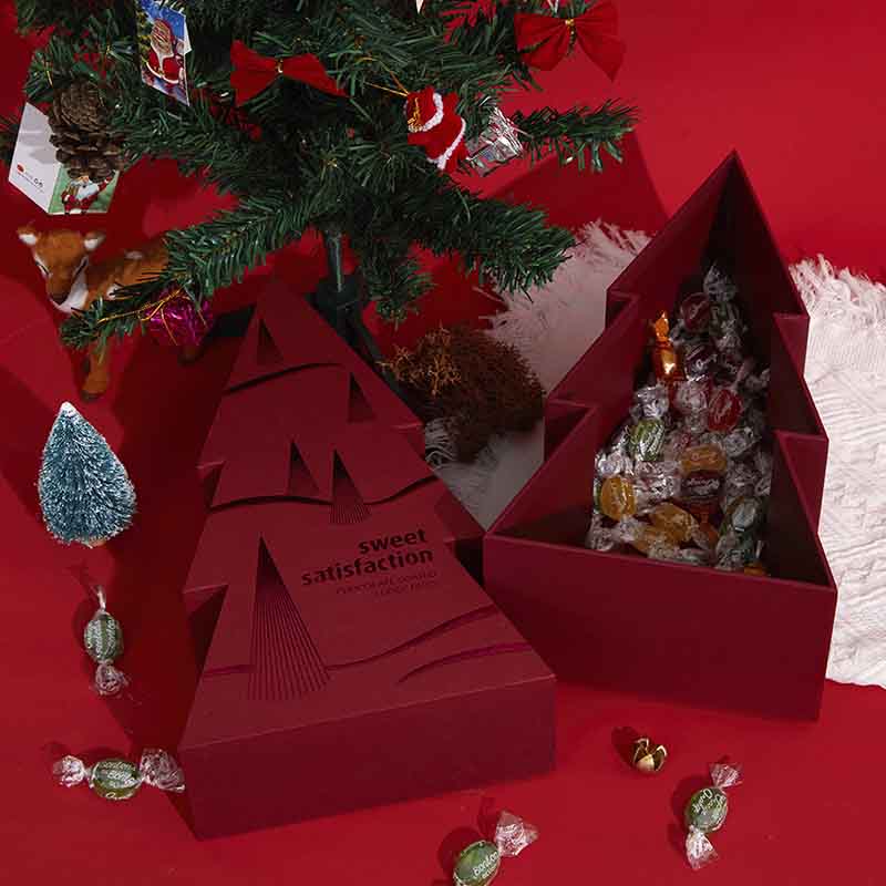 Feito a man innovador almacenamento de doces Papel decorativo en forma de árbore Embalaxe de cartón vermello Caixa de agasallo de Nadal para a voda