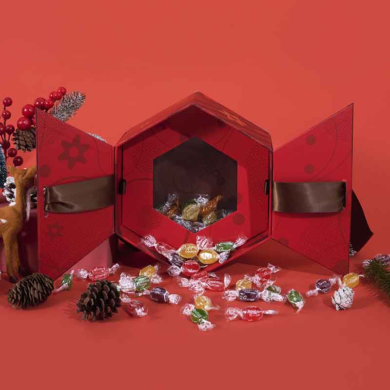 Kinesisk rød sammenleggbar design Dobbel åpning Clamshell Ribbon Bue-lukking Mat Gaveemballasje Pappeske for godteri kake sjokolade