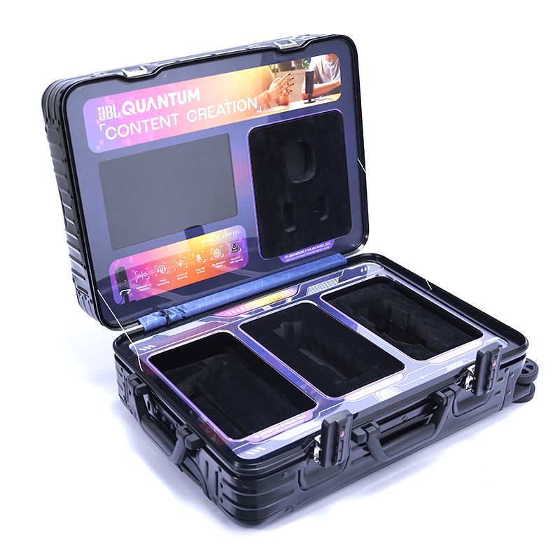 Portable Metal PP Luggage Wheel Suitcase Acrylic Audio Speaker Radio Display Movable Rack Stand With Blue Light