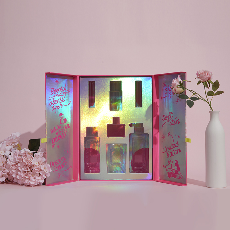 Holograafiline läikiv vikerkaare laservärviga topelt avatud jäigad karbid kohandatud luksusliku pakendiga parfüümikomplekti kinkekarp