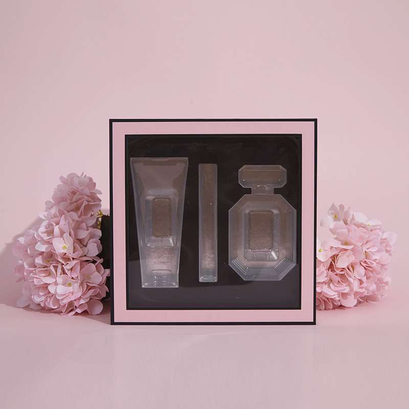 Luksuslikud parfüümikarbid, roosad 2-kihilised meigiparfüümikomplektid, aknaga kohandatud pakendiga kinkekarp